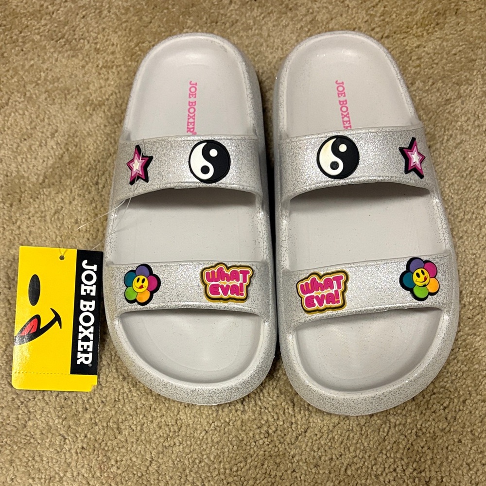 Joe Boxer Glittery Silver Slide Sandals